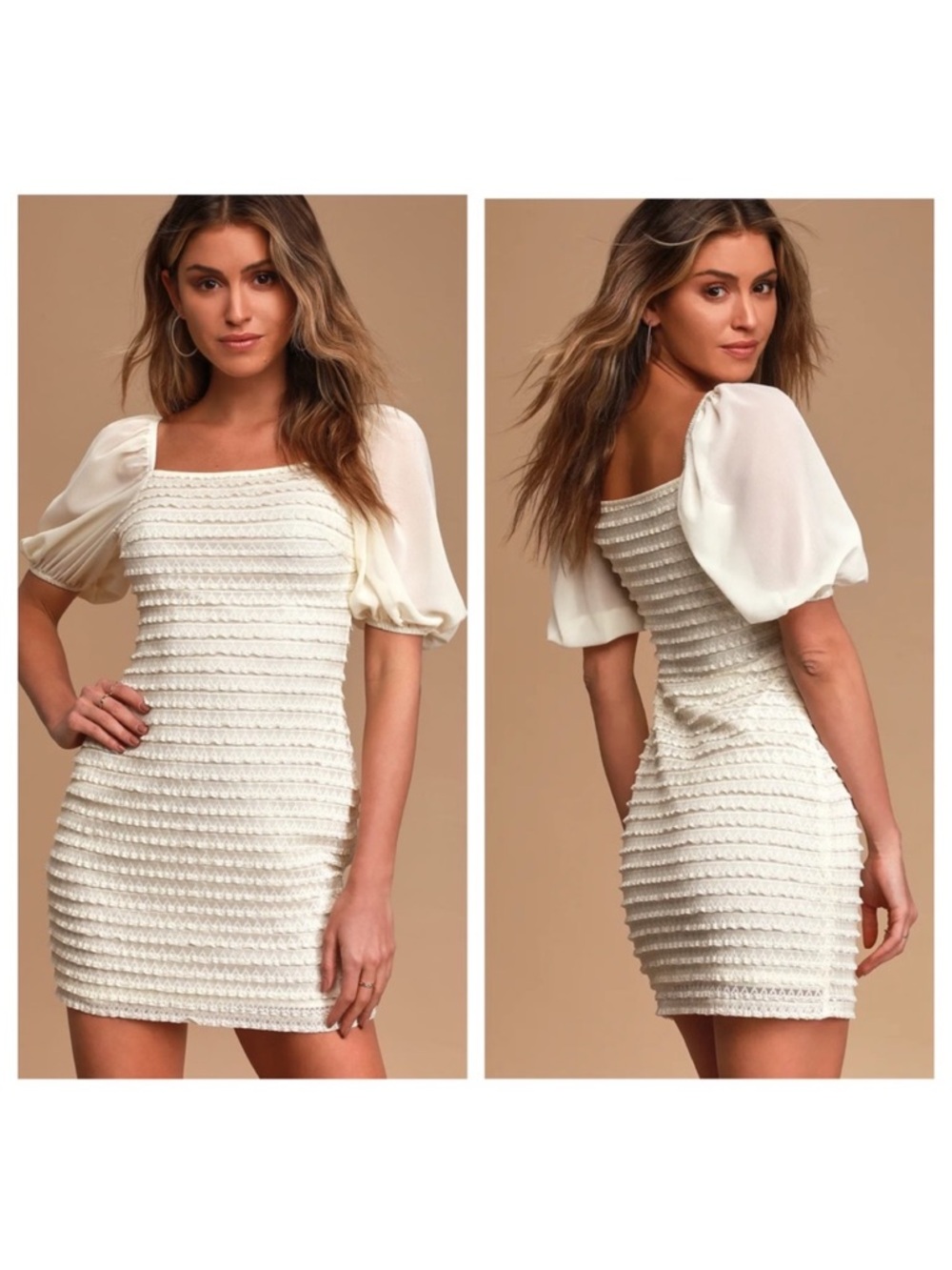 Lulu’s Ladies’ Cream Lace Puff Sleeve Bodycon Mini Dress